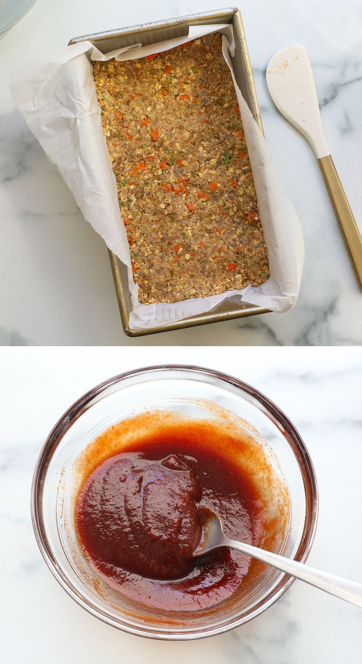 lentil mixture pressed into pan and glaze mixed in a glass bowl.