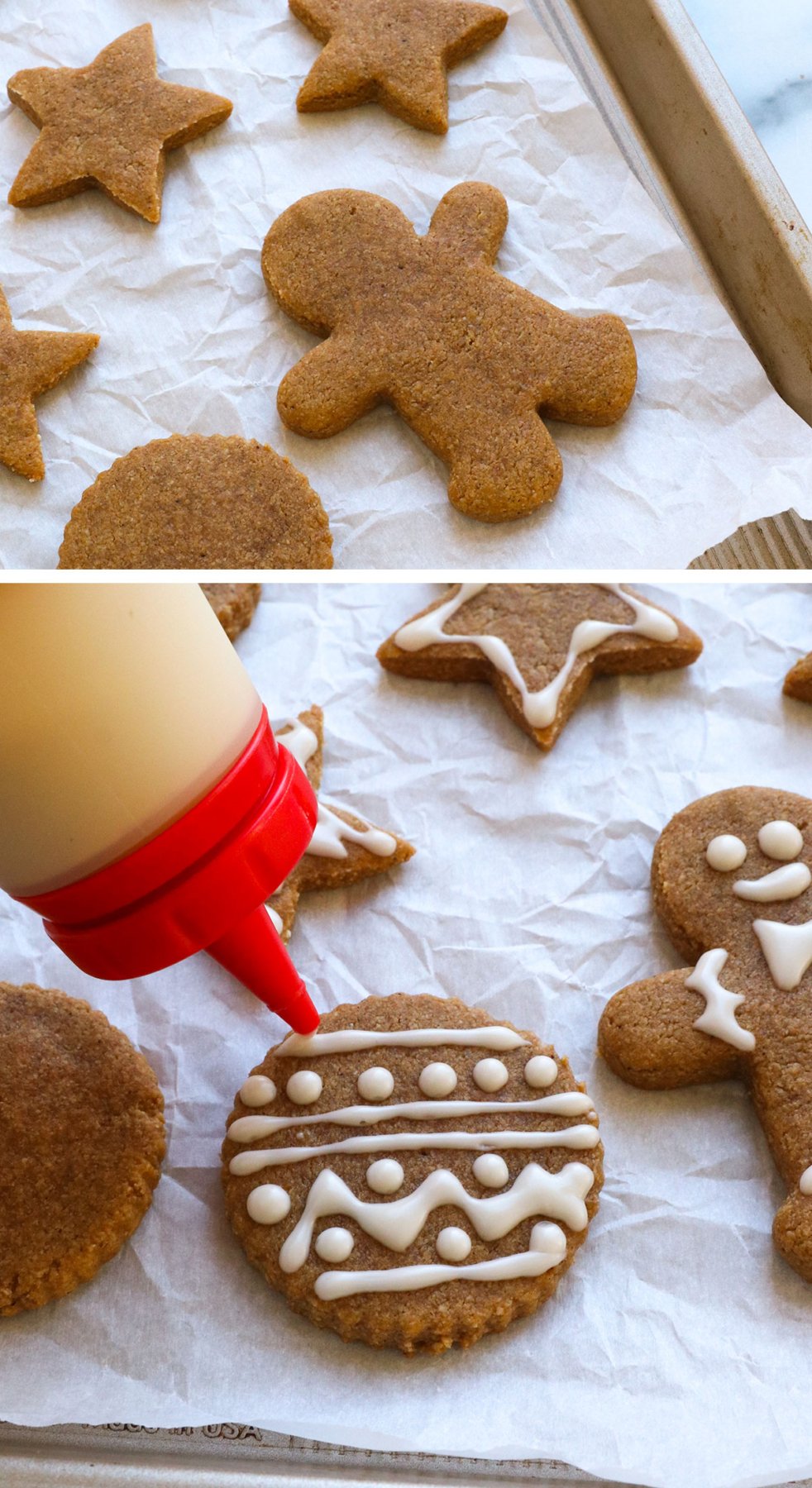 baked gingerbread cookies on a pan and decorated with a frosting bottle.