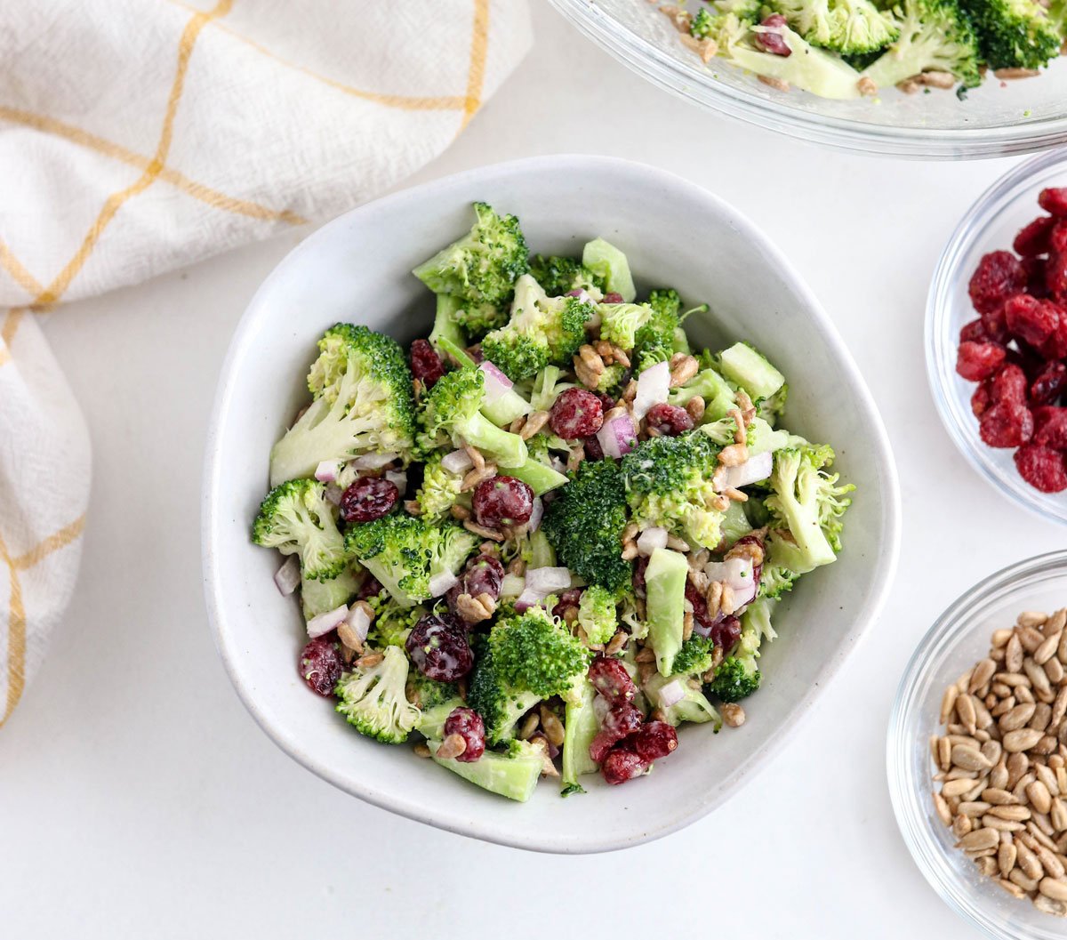 broccoli salad in a white bowl overhead