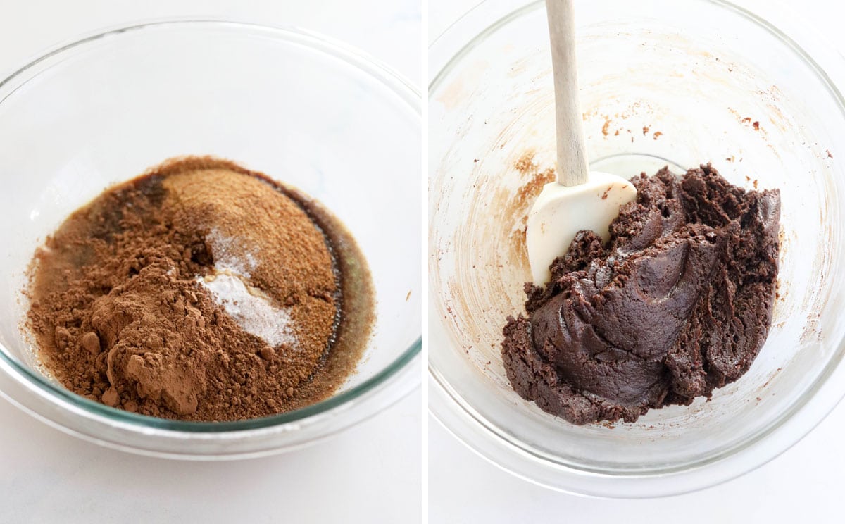 chocolate crinkle cookie batter in a bowl