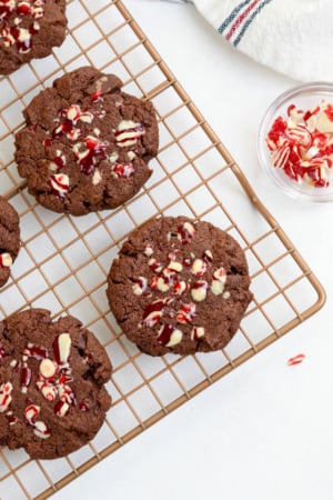 chocolate peppermint cookies on wire rack