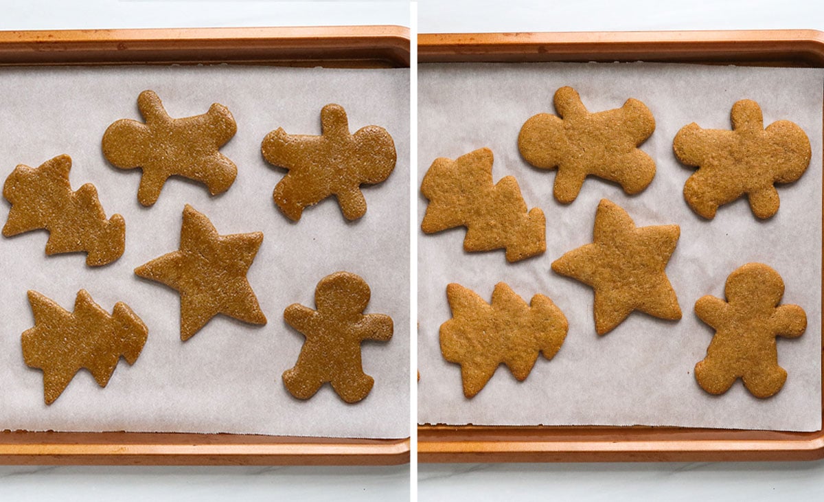 almond flour gingerbread cookies before and after baking on pan.