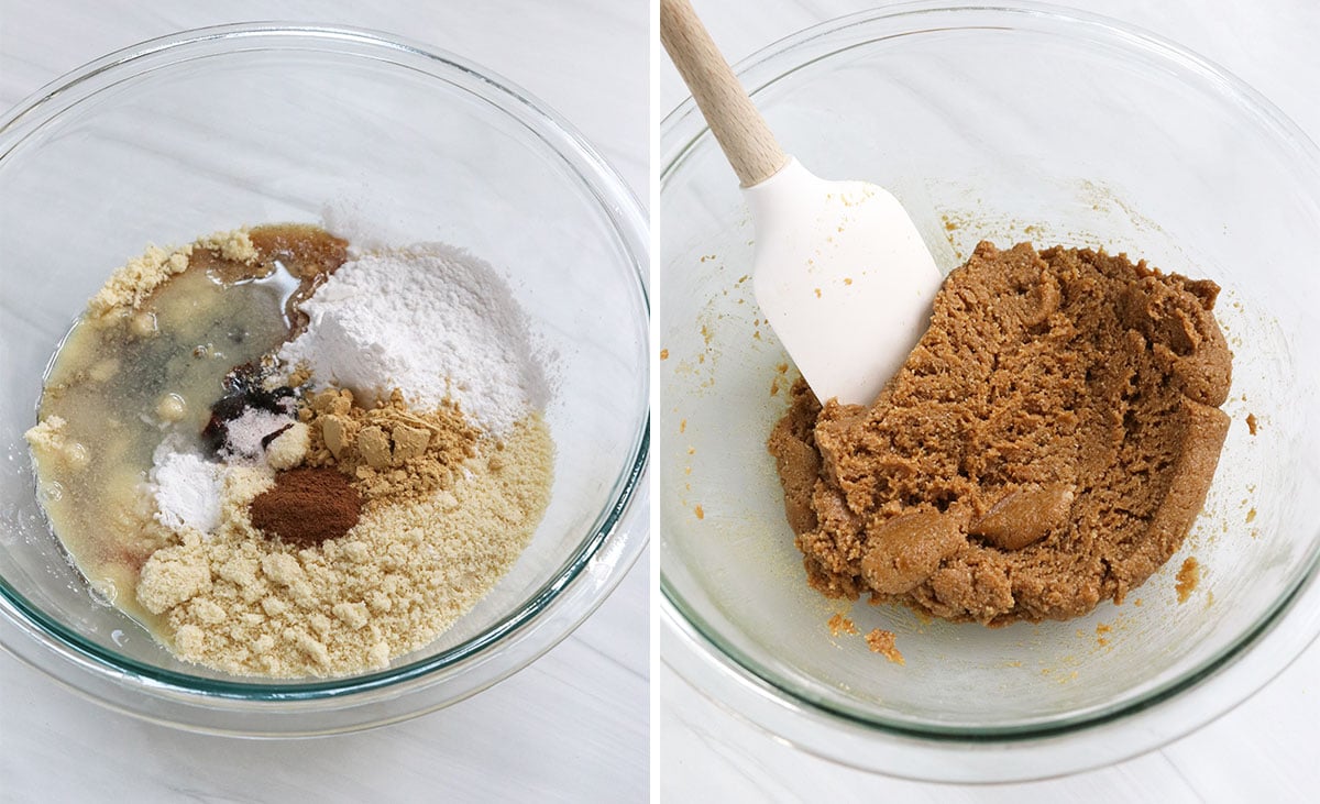 almond flour gingerbread cookie dough mixed in glass bowl.
