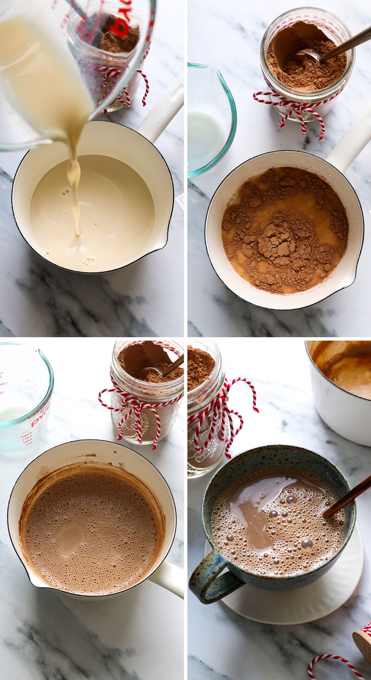 milk and hot chocolate mix added to saucepan and stirred for hot chocolate serving.