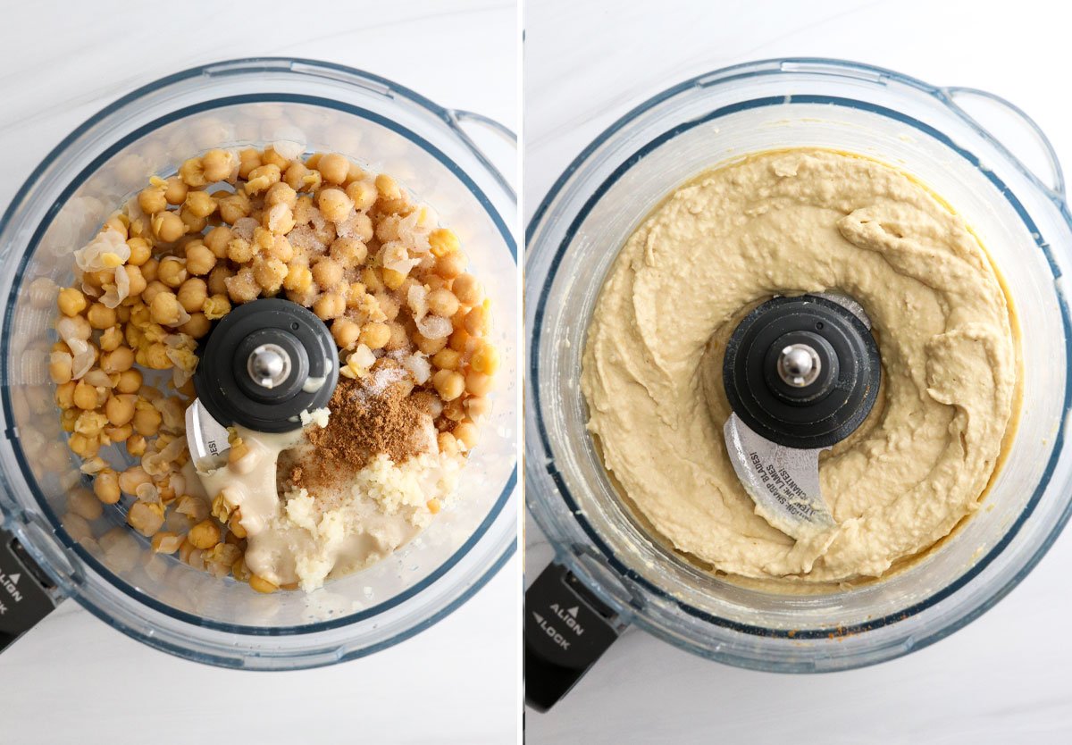 hummus ingredients pureed in a food processor.