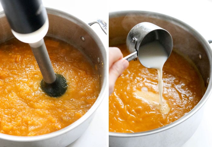 immersion blender in butternut soup