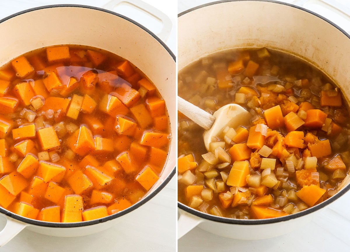 butternut squash cubes simmered in pot.