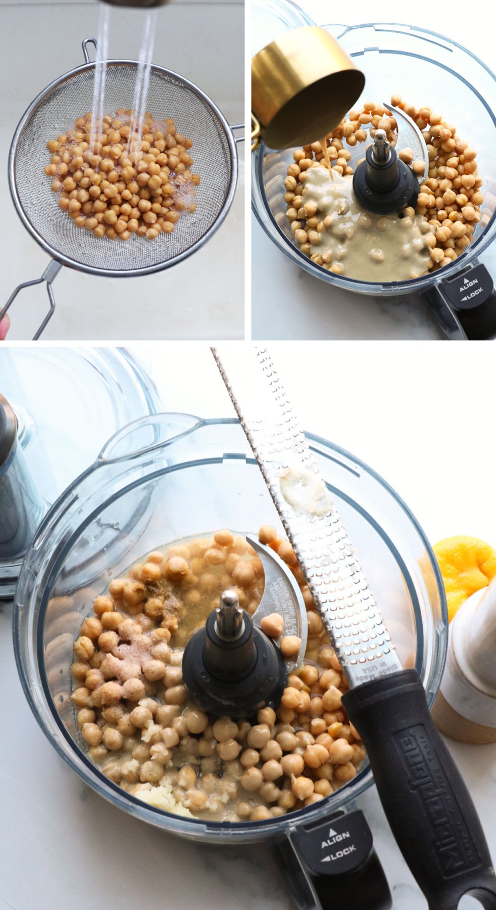 chickpeas rinsed and added to food processor with ingredients for hummus recipe.