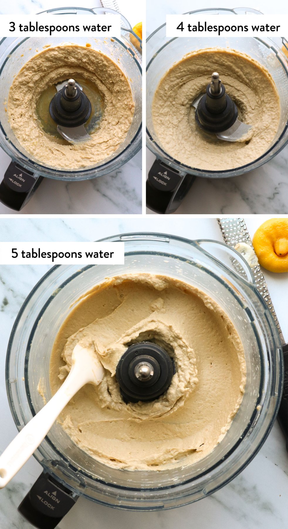 hummus texture shown with 3 different amounts of water in a food processor.