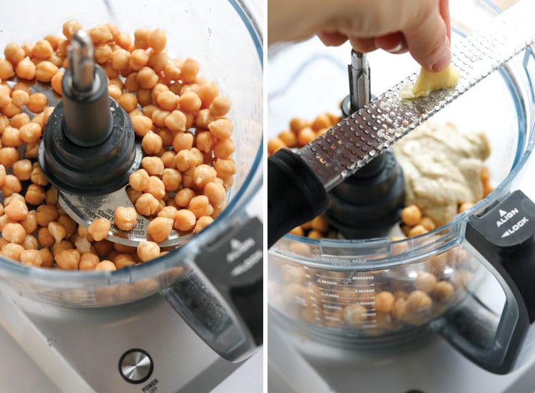 chickpeas in food processor for hummus