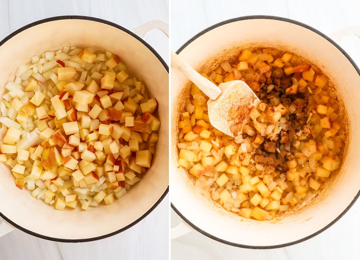 apples and onions sauteed in white pot.