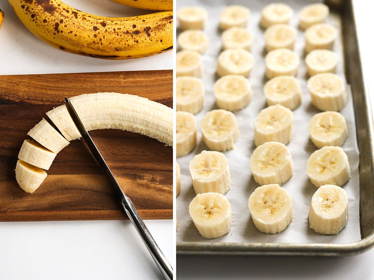 banana sliced on cutting board and placed on a baking sheet to freeze.