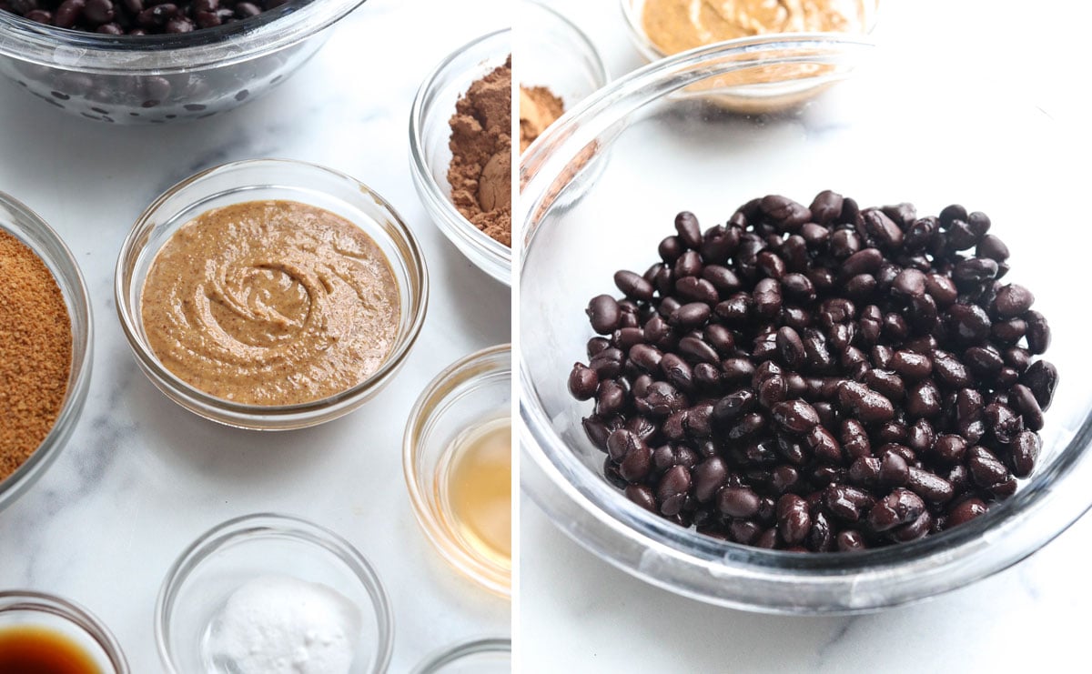 black bean brownie ingredients in glass bowls