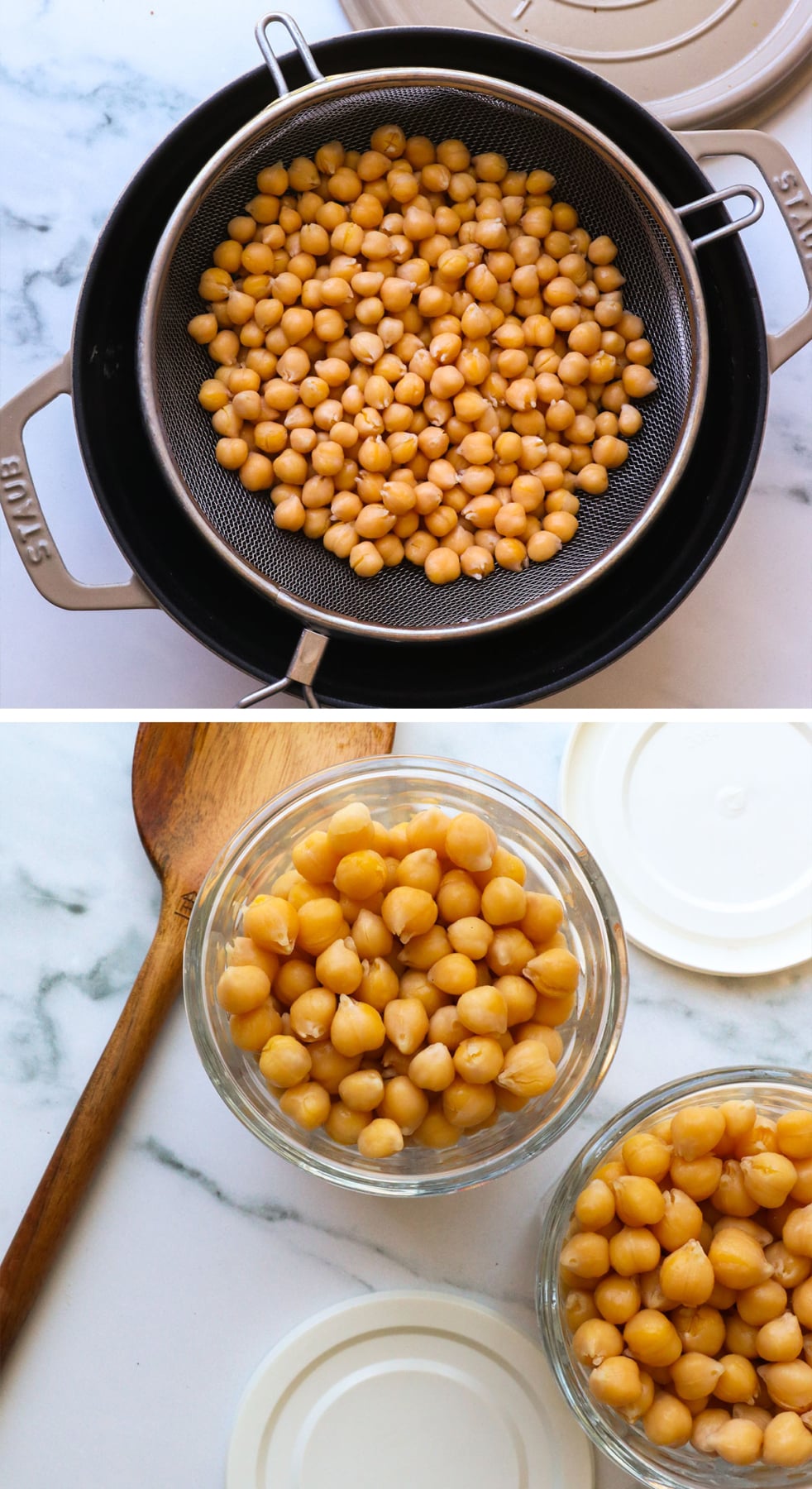 homemade chickpeas strained and added to glass jars for storage.