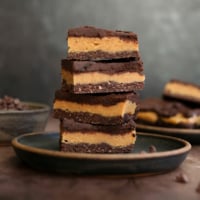 chocolate peanut butter bars stacked on dark plate.