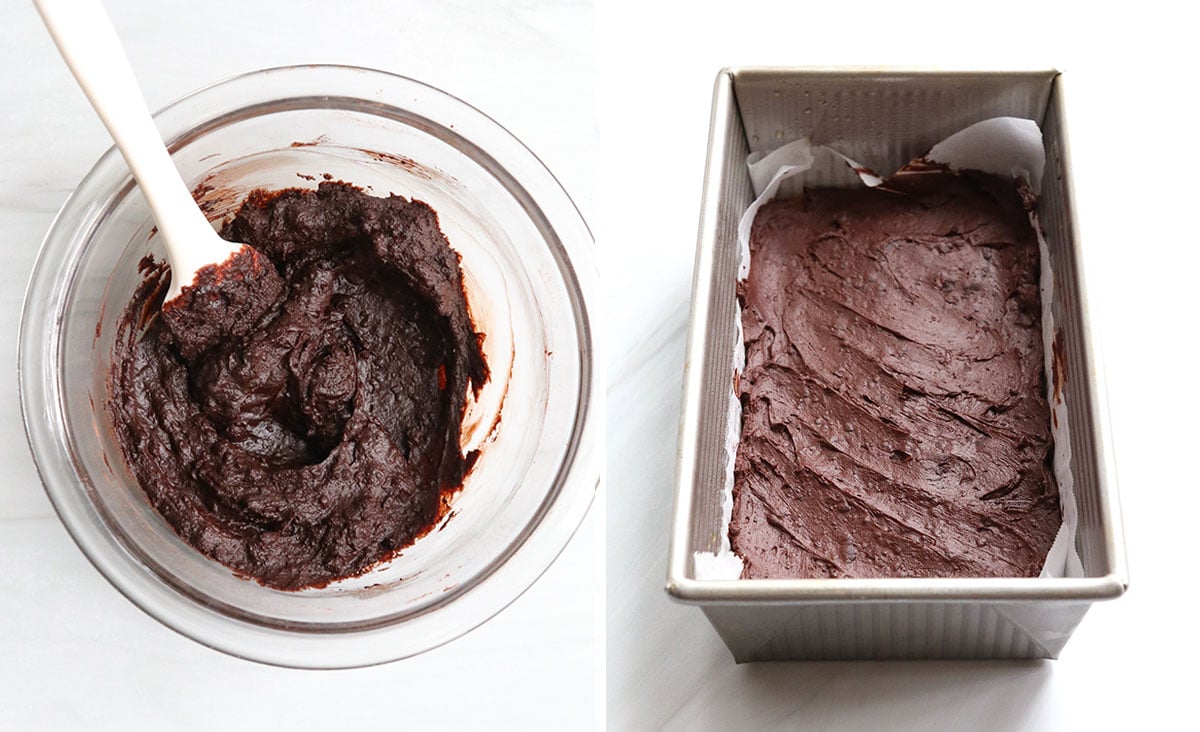chocolate topping mixed and added to loaf pan.