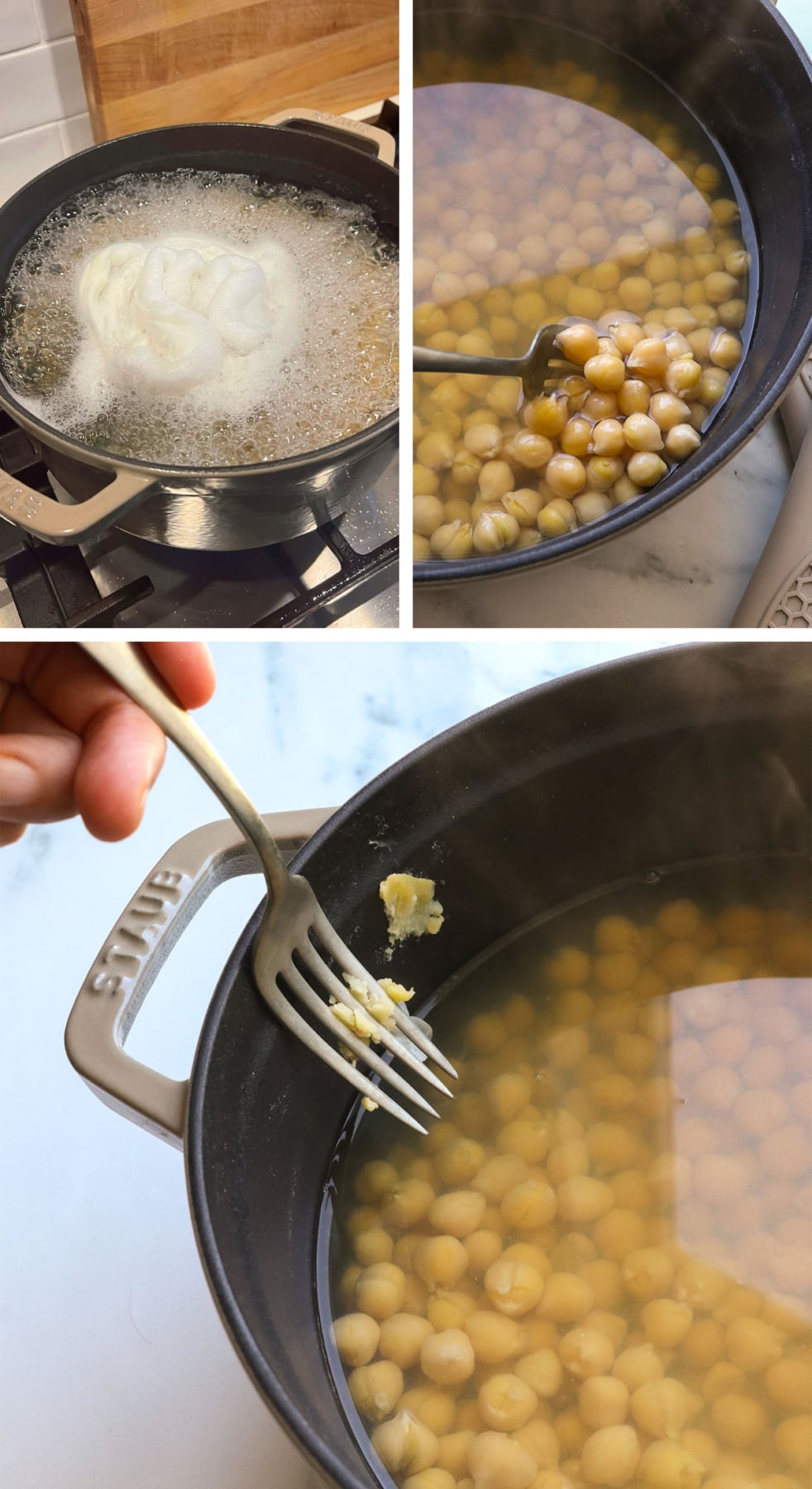 garbanzo beans cooked in a pot and mashed to test for tenderness.