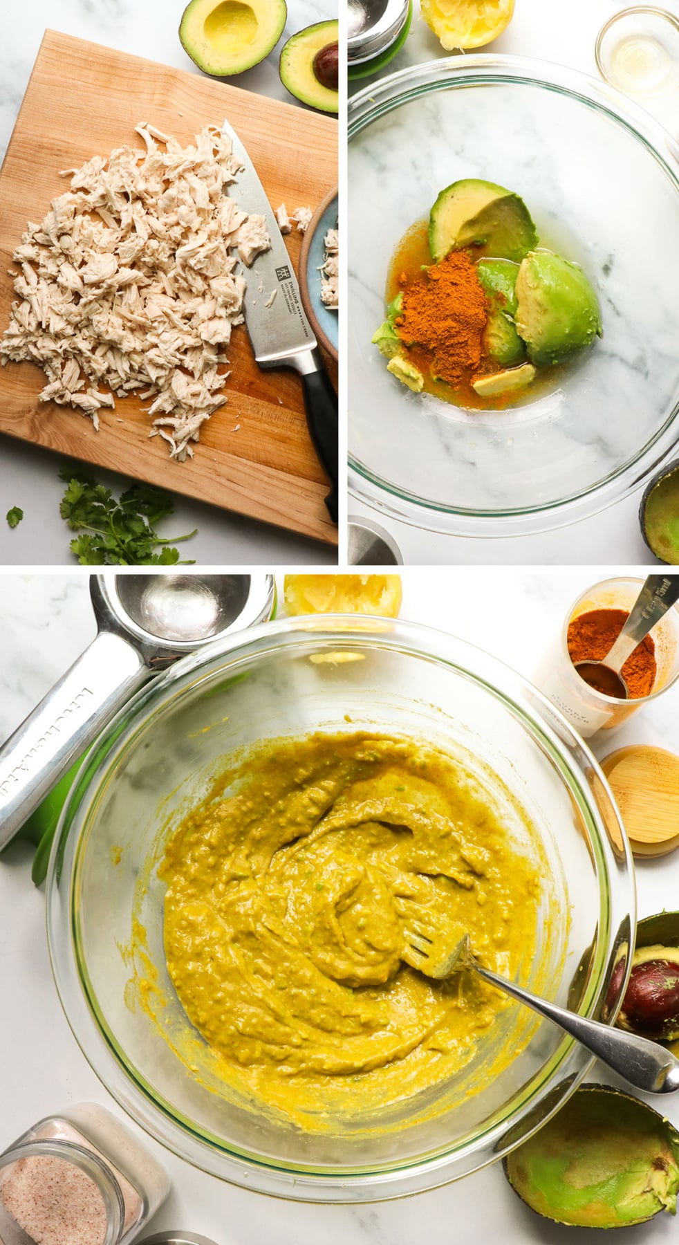 chicken chopped on a cutting board and avocado mixed with curry powder in a bowl.