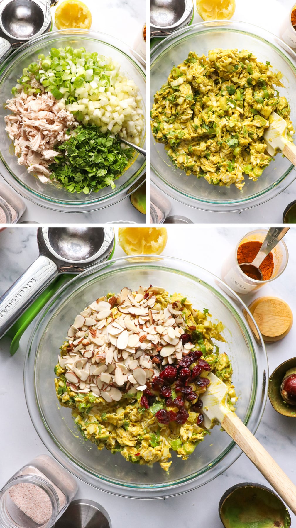 chicken, green onion, celery, and cilantro stirred into a bowl with almonds and cranberries.