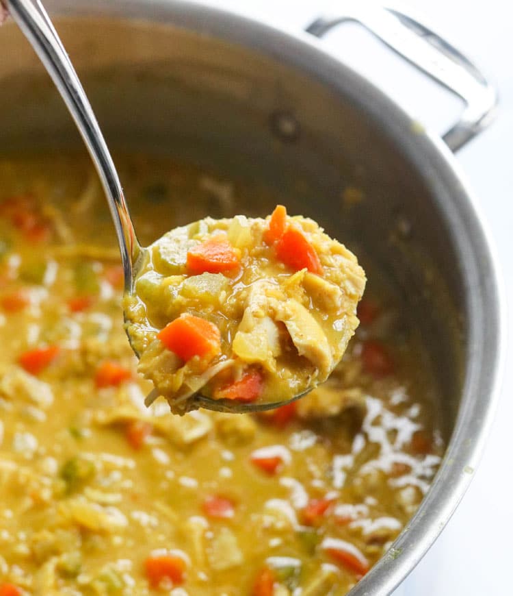 curry chicken soup in ladle