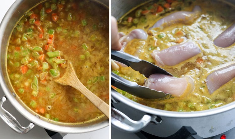 raw chicken going into soup