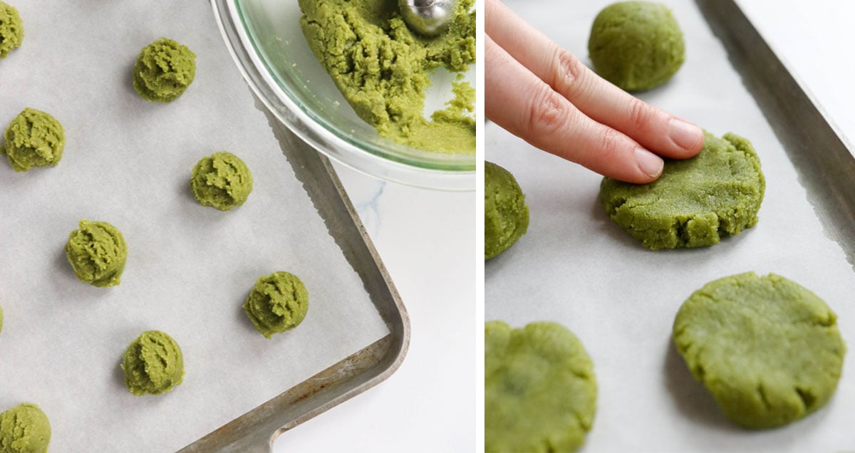 pressing down matcha cookies on the pan