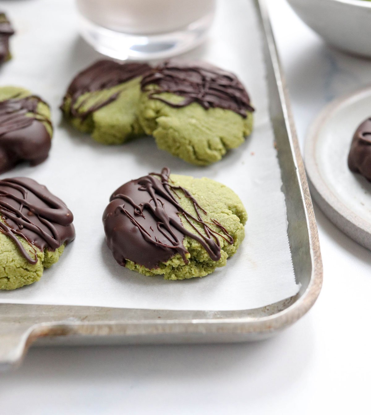 matcha cookies with chocolate on top