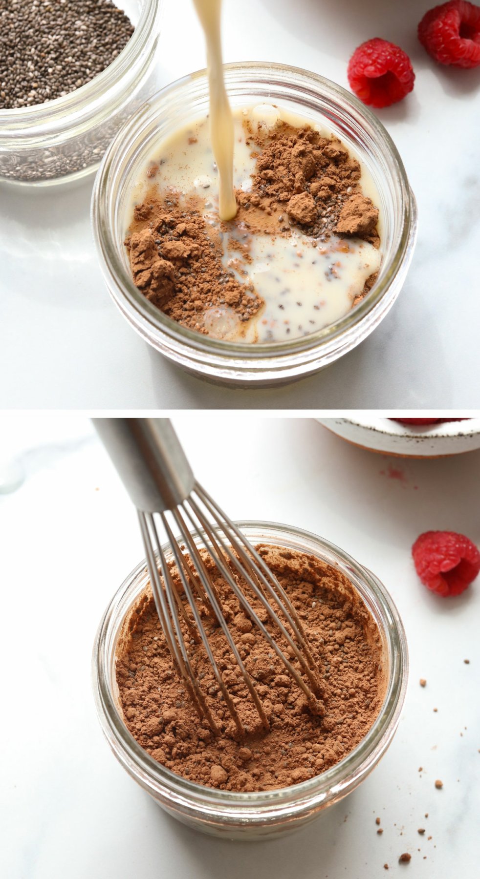 chocolate chia pudding ingredients mixed in a glass jar.