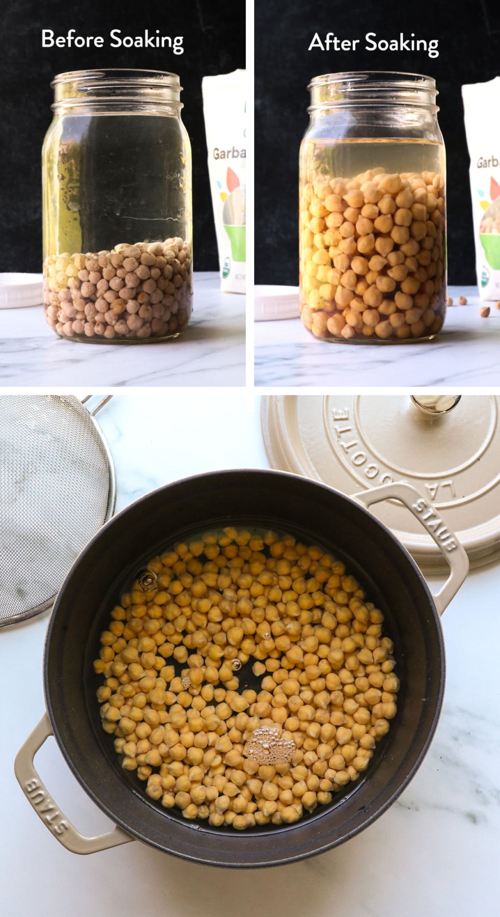 chickpeas before and after soaking in a jar and added to water for cooking.