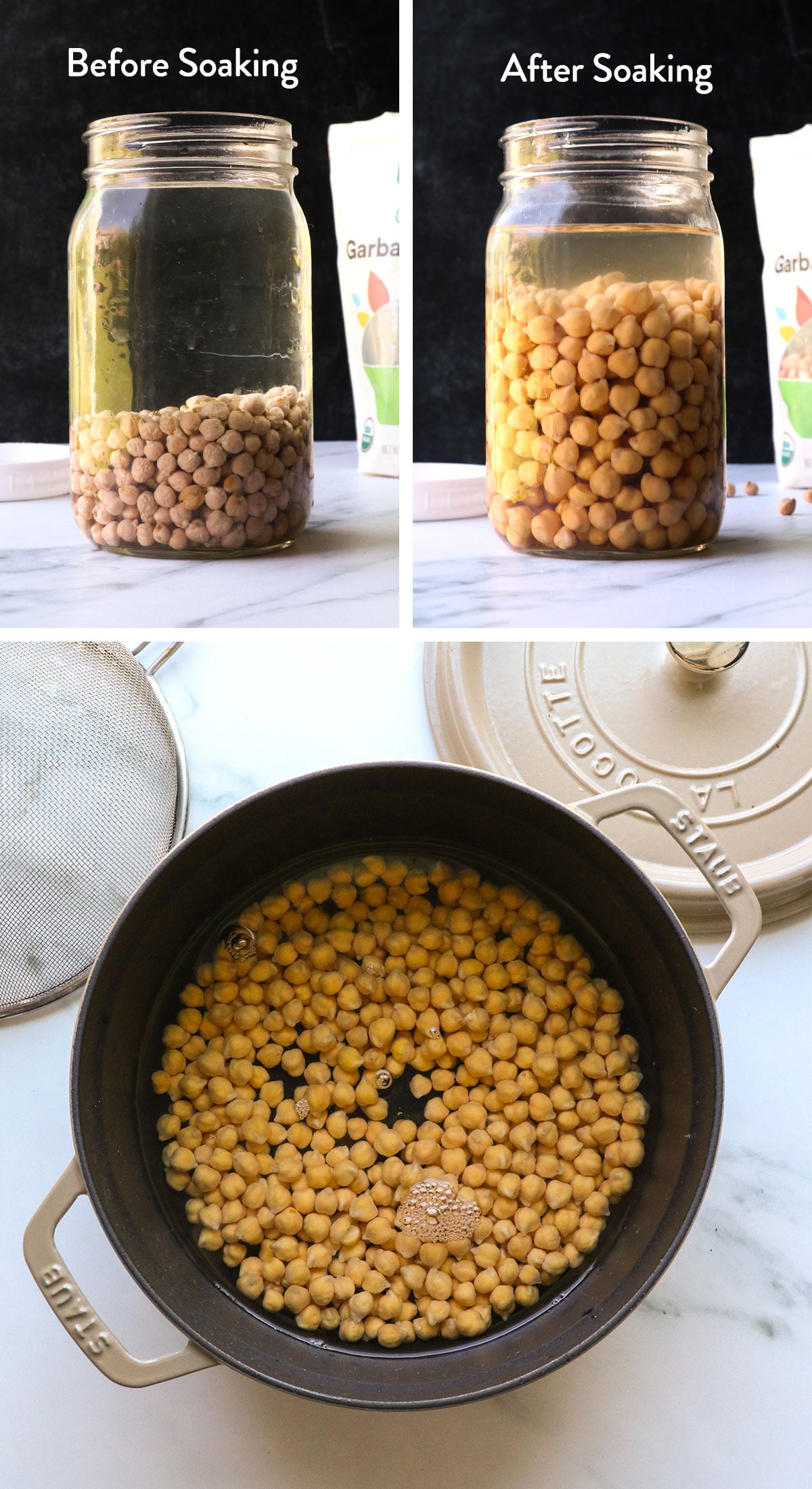 chickpeas before and after soaking in a jar and added to water for cooking.
