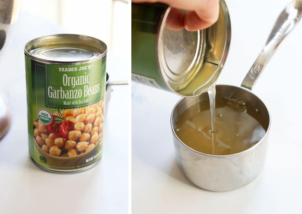 aquafaba being poured from can of chickpeas