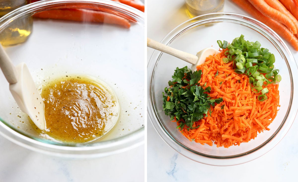 carrot salad dressing and veggies in bowl