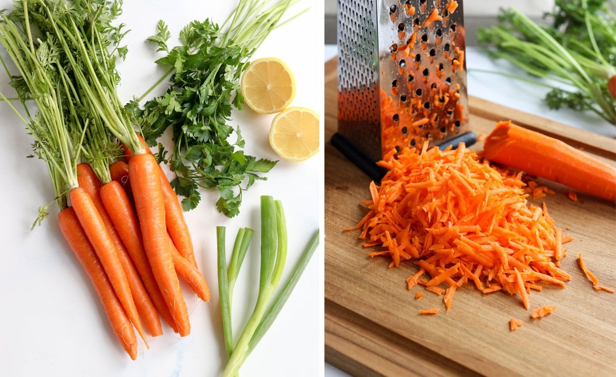 carrot salad ingredients and box grater with shredded carrots