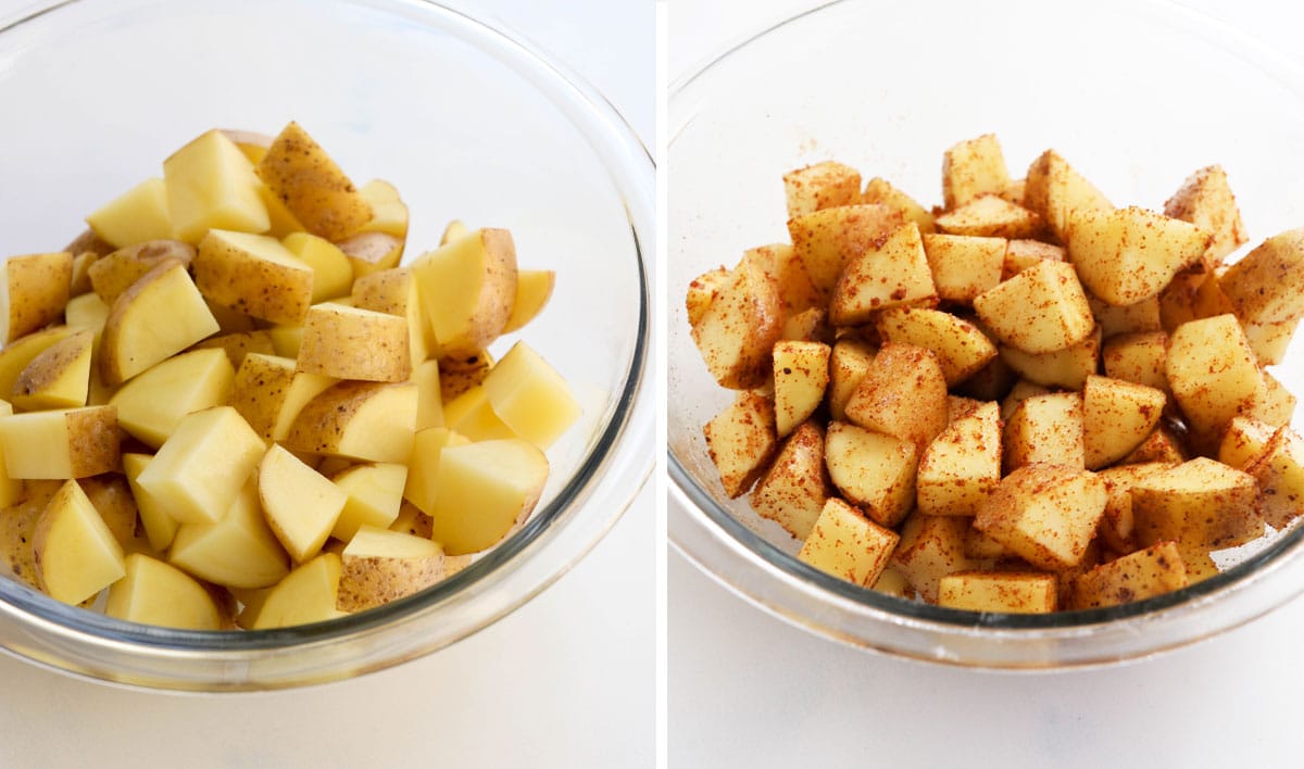 cut potatoes in a bowl with seasonings