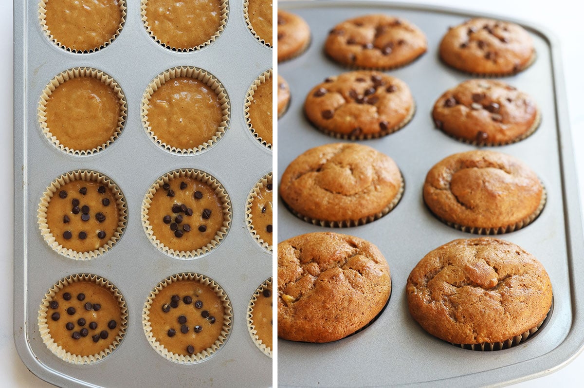 peanut butter muffins before and after baking in a muffin pan.