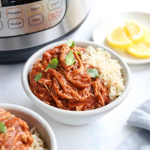 instant pot butter chicken in bowl with rice