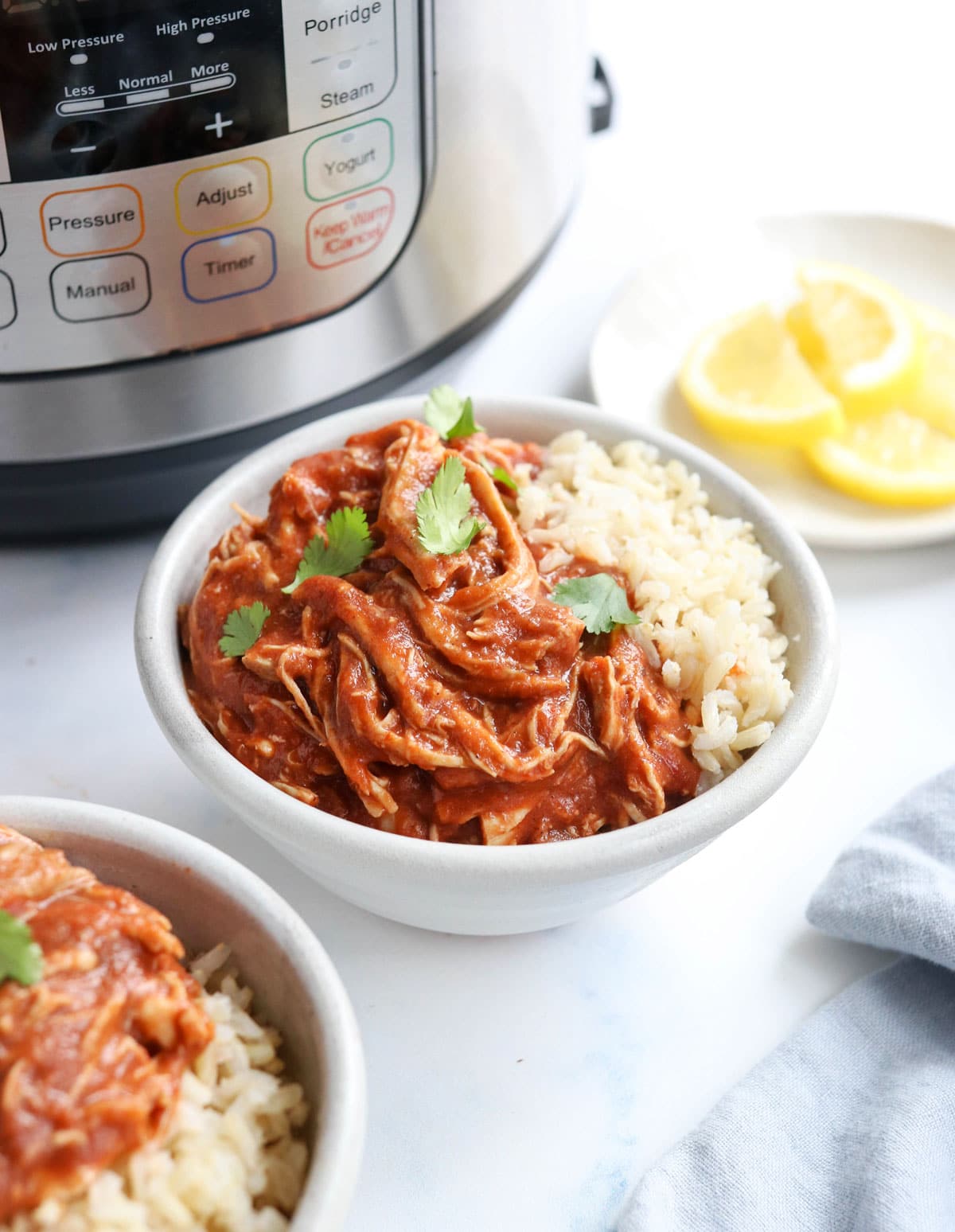 instant pot butter chicken in bowl with rice