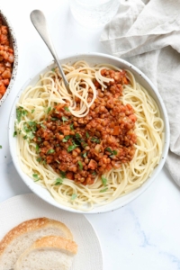 lentil bolognese over spaghetti noodles