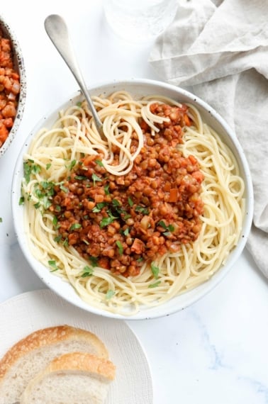 lentil bolognese over spaghetti noodles
