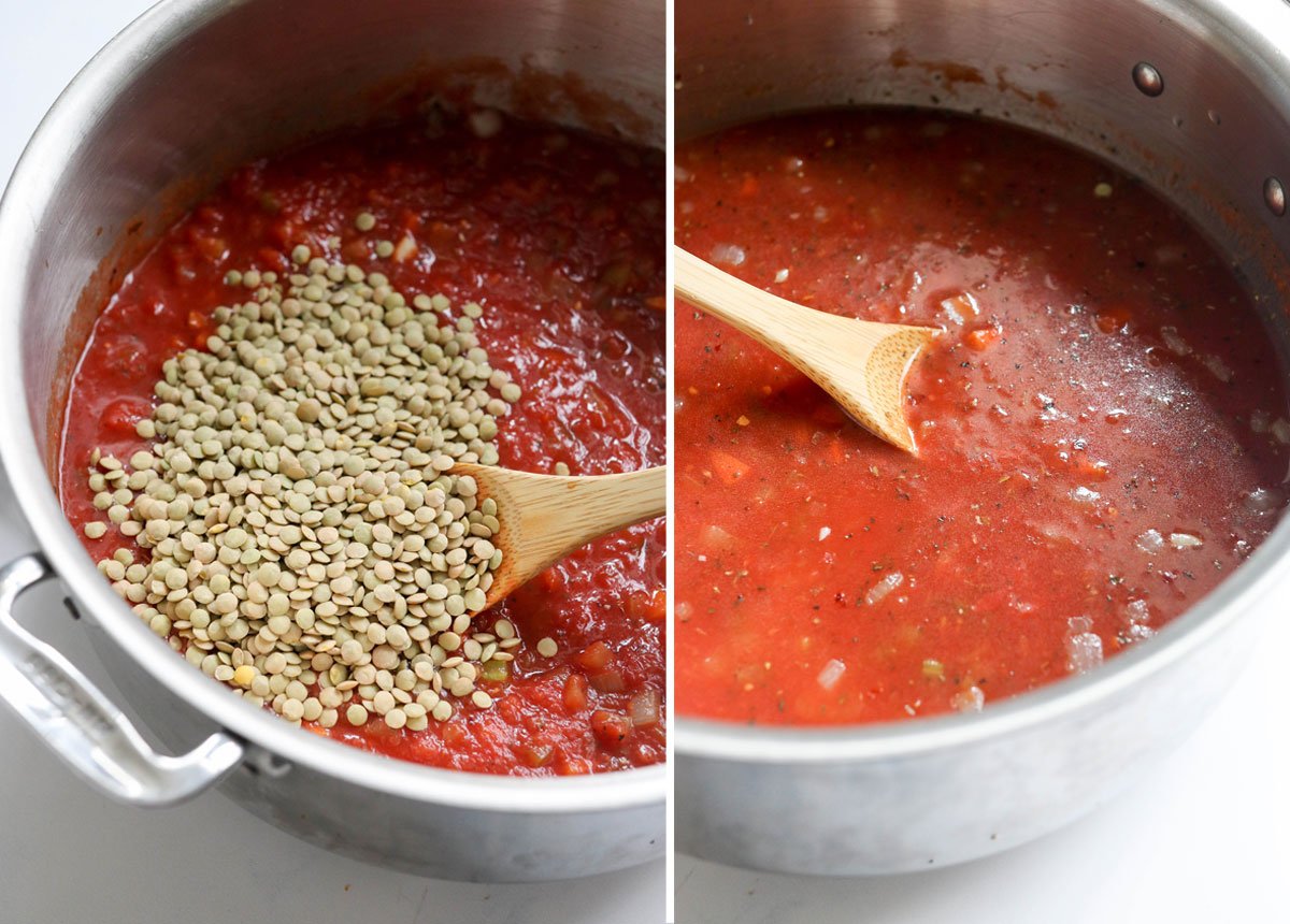green lentils in tomato sauce in pot