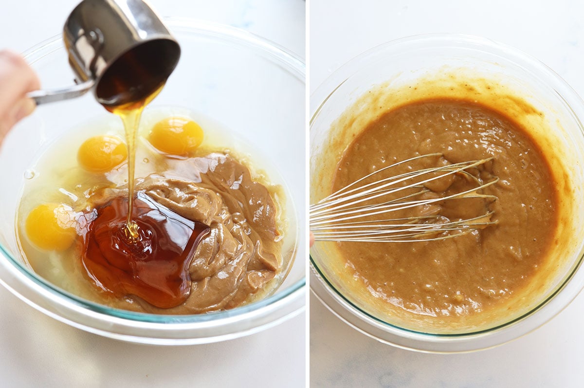 peanut butter banana muffin mixture stirred together in a glass bowl.