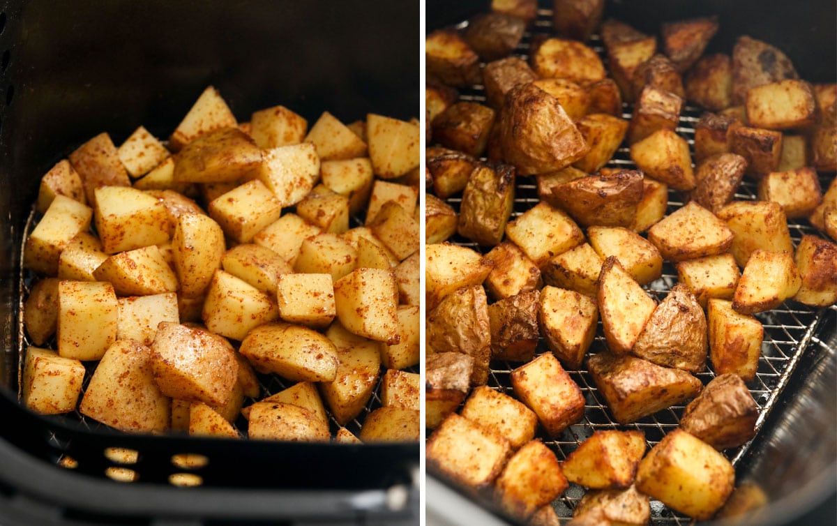 raw potatoes and cooked potatoes in the air fryer basket