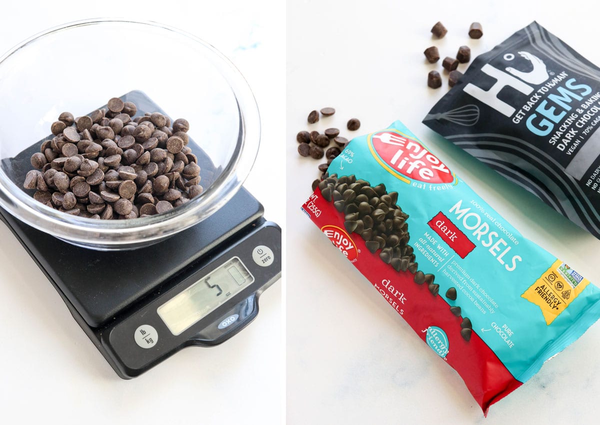 food scale and chocolate chips