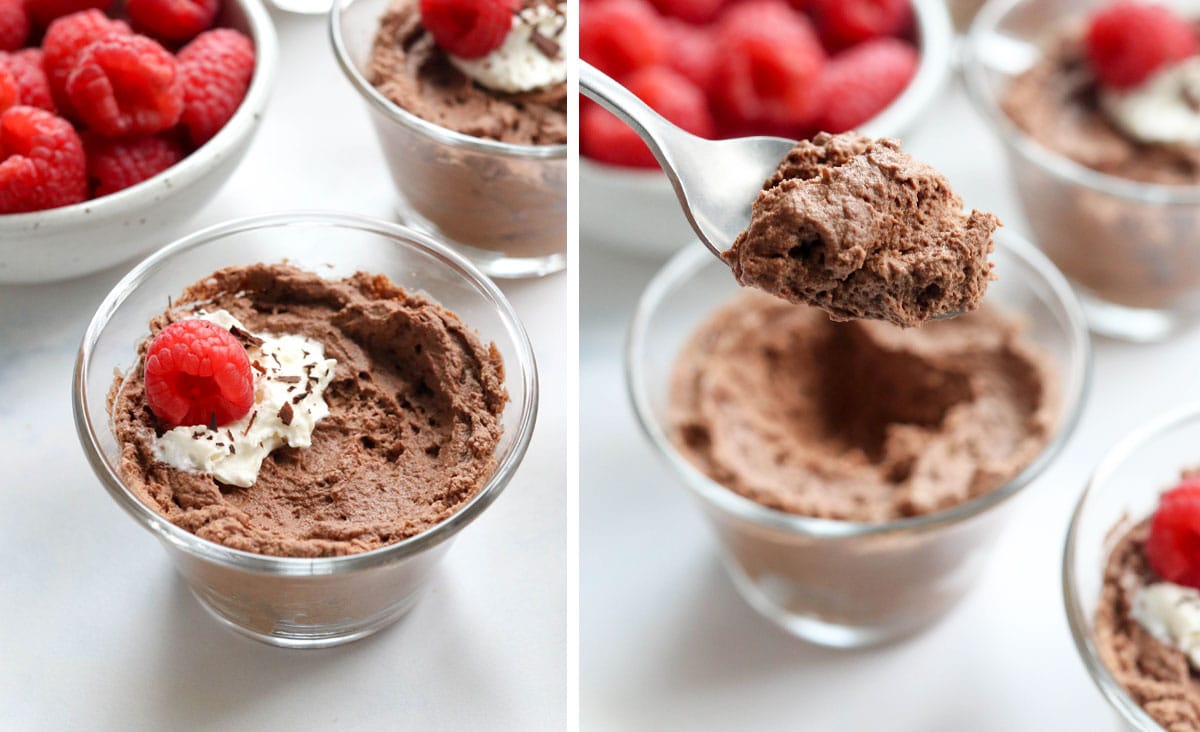 vegan chocolate mousse on a spoon