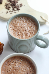 vegan hot chocolate in blue mug