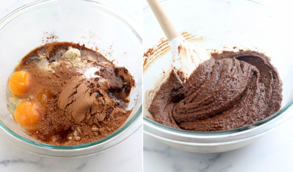 mixing together almond flour brownie batter