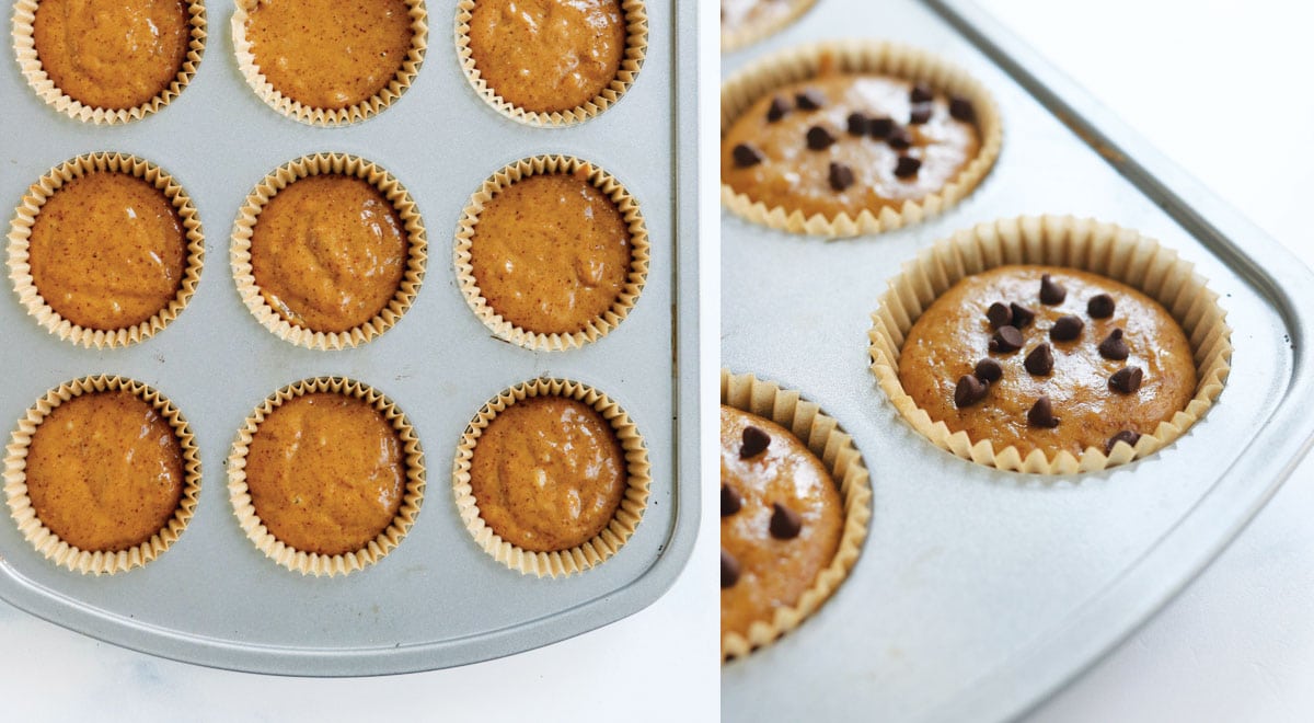 banana muffin batter in the pan