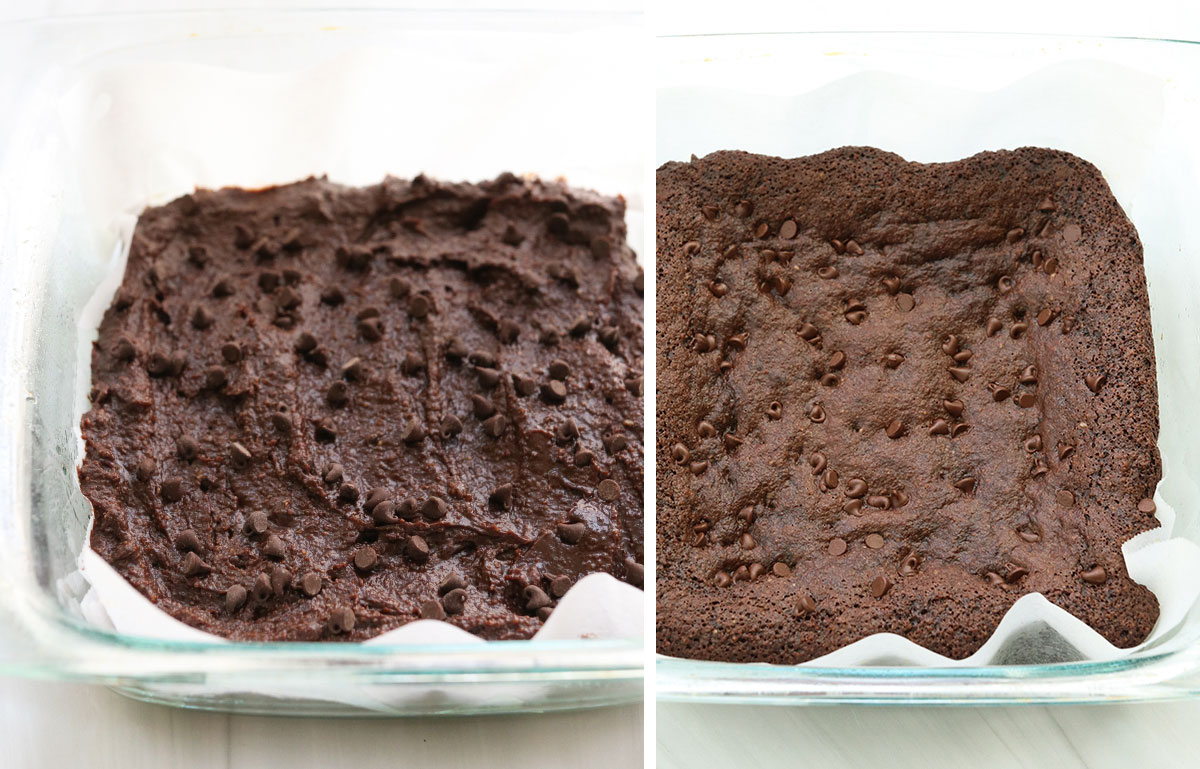 almond flour brownies in pan before and after baking.