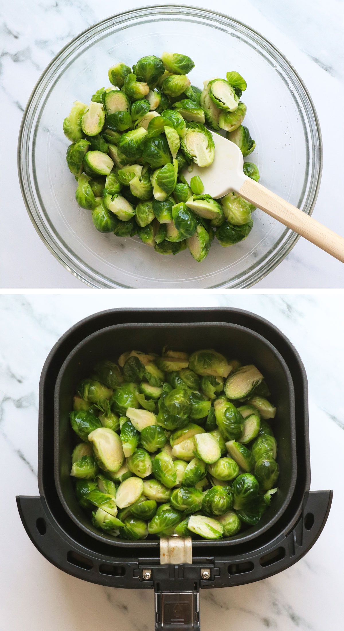brussels cooked in the air fryer basket with olive oil and salt.