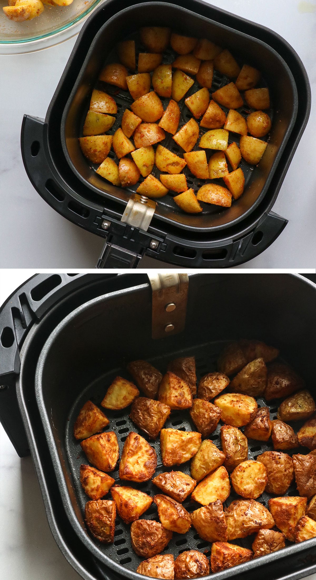 potatoes in an air fryer basket before and after cooking.